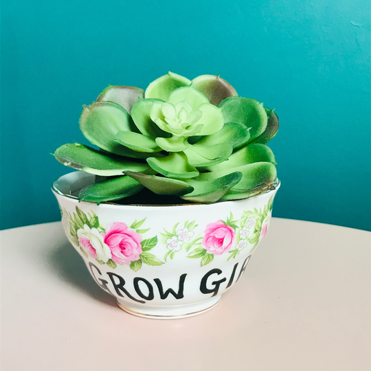 Vintage Hand Illustrated Upcycled Plant Succulent Pot/Planter "Grow Girl