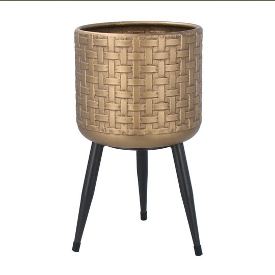 Large Gold Basketweave Metal Planter - Tripod Plant Pot On Stand With Legs Indoor House Brass