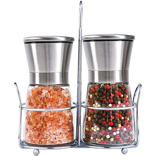 Langray - Salt and Pepper Mill Set with Stainless Stand, Adjustable Coarseness Refillable Salt and Pepper Grinder Set of 2, Ceramic Grinding Core and