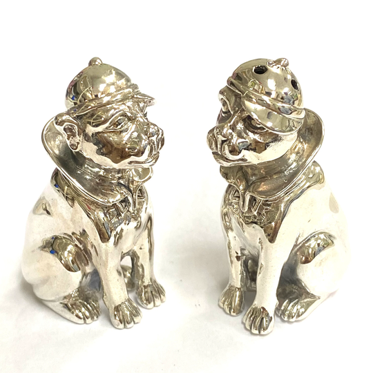 Novelty Sitting Dogs Wearing Hat Pair Salt & Pepper Shaker Pots 925 Sterling Silver