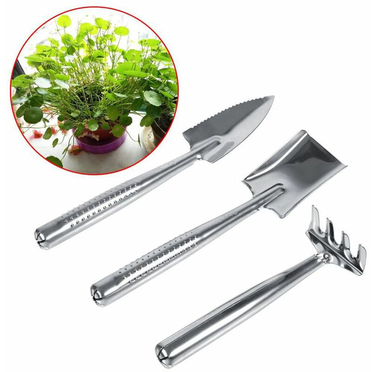 Stainless Steel 3 Pcs Set Mini Gardening Plant Pot Tools Small Handheld Shovel Spade Rake for Succulent Cactus Herbs Indoor Miniature Plants