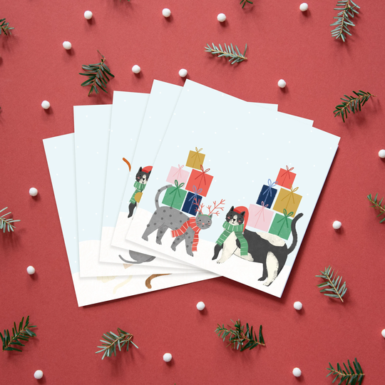 Cat Scenes Pack Of 5 Christmas Cards | Seasons Greetings Card Handmade Hand Drawn Five Xmas