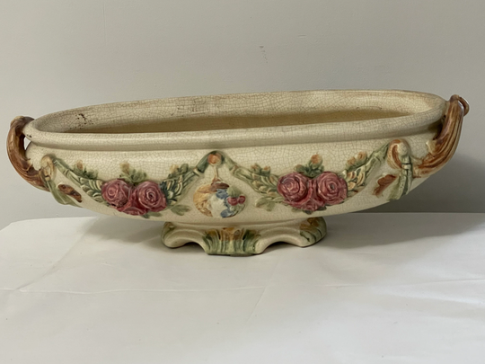 Rare Antique Weller 16 Inch Oval Planter Vase Flowers Figure Smelling Roses
