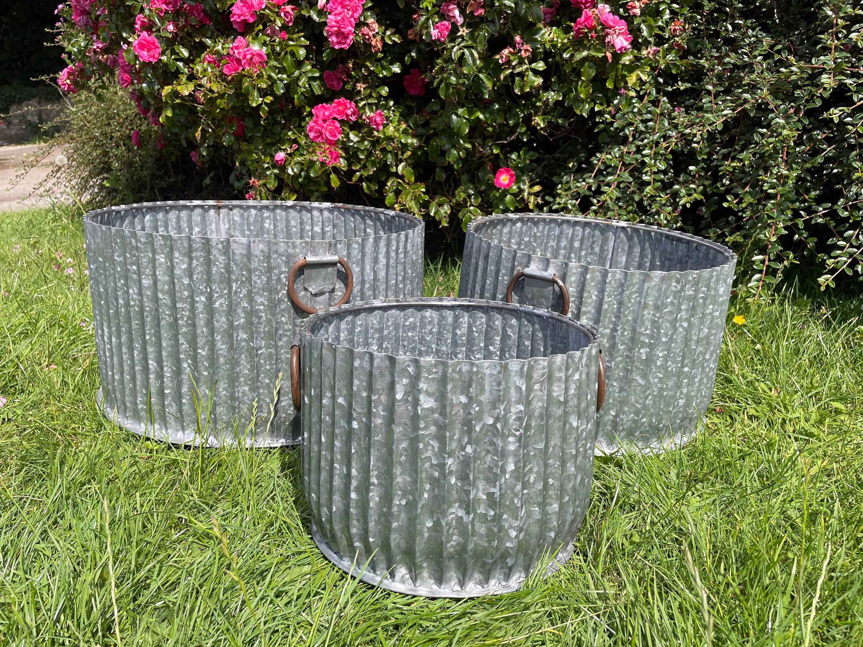 Galvanised Zinc Half Dolly Tub | Set Or 1 Garden Trough Ribbed Pot Planter Decor
