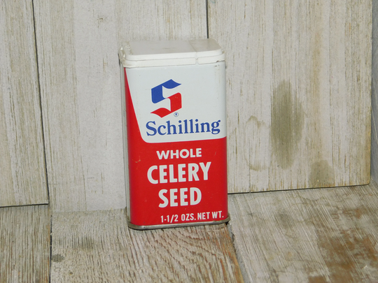 Vintage Schillings Whole Celery Seed Tin Can Cloves Seasoning, Empty, Vtg Spice Can, Kitchen, Jars, Daysgonebytreasures Dc