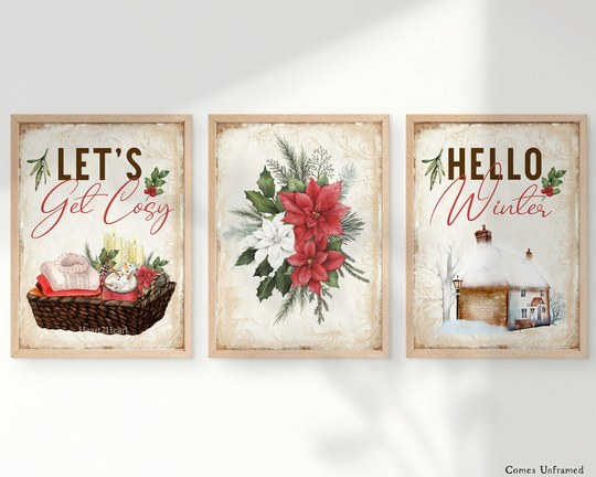 Set Of 3 Christmas Prints, Hello Winter, Let's Get Cosy, Wall Art, Decor, Decoration, Decor Seasonal Decoration