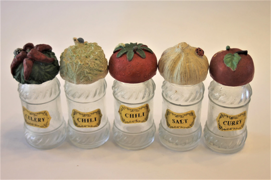 Set Of 5 Vintage Spice Bottles With Resin Toppers | Empty