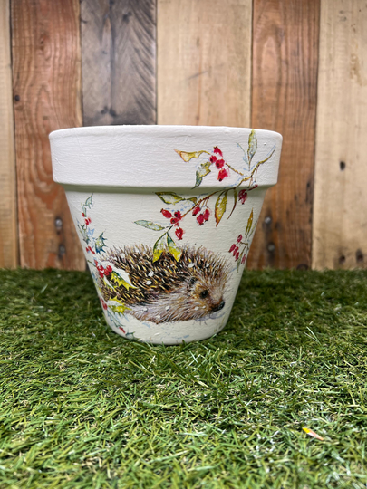 Hedgehog Plant Pot, Hedgehog Decoupaged Gift, Winter