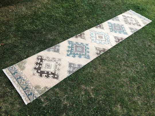 3x13 Oushak Runner, Extra Long Rug, Vintage Runner Cream Turkish Hallway Teal, Rustic Rug Entryway 2'6