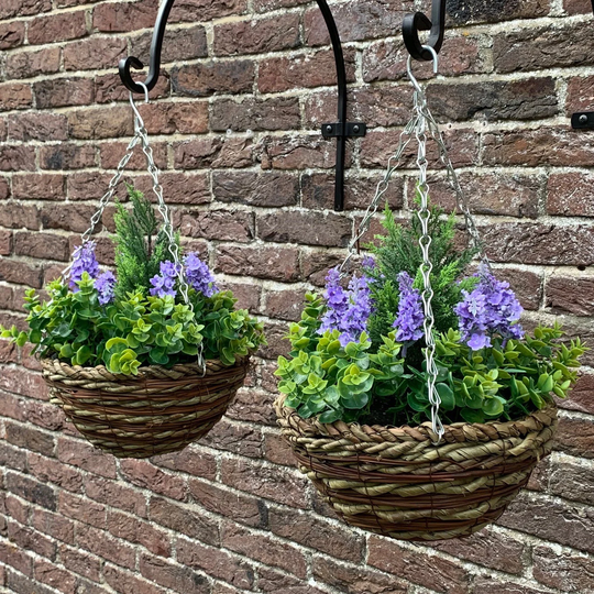 Set Of 2 X Artificial Lavender & Eucalyptus Topiary Hanging Baskets | 25cm