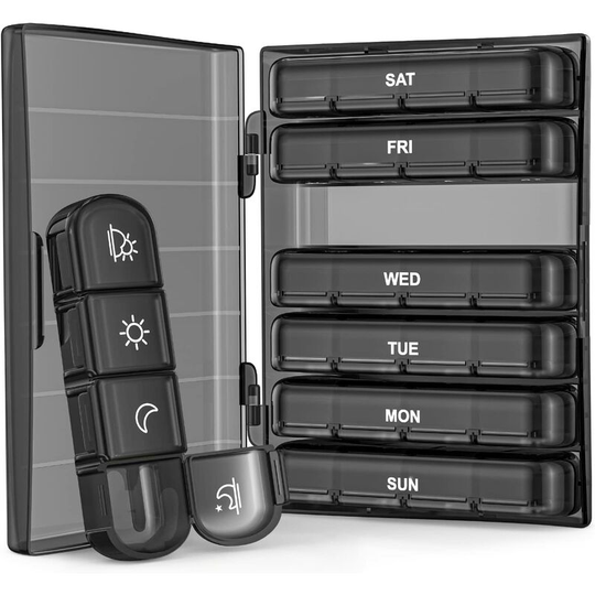 Sun Flowergb - 4 Times a Day Weekly Pill Organizer with 7 Large Daily Pill Organizers for Fish Oil, Vitamins, Supplements, Medicines (Black)