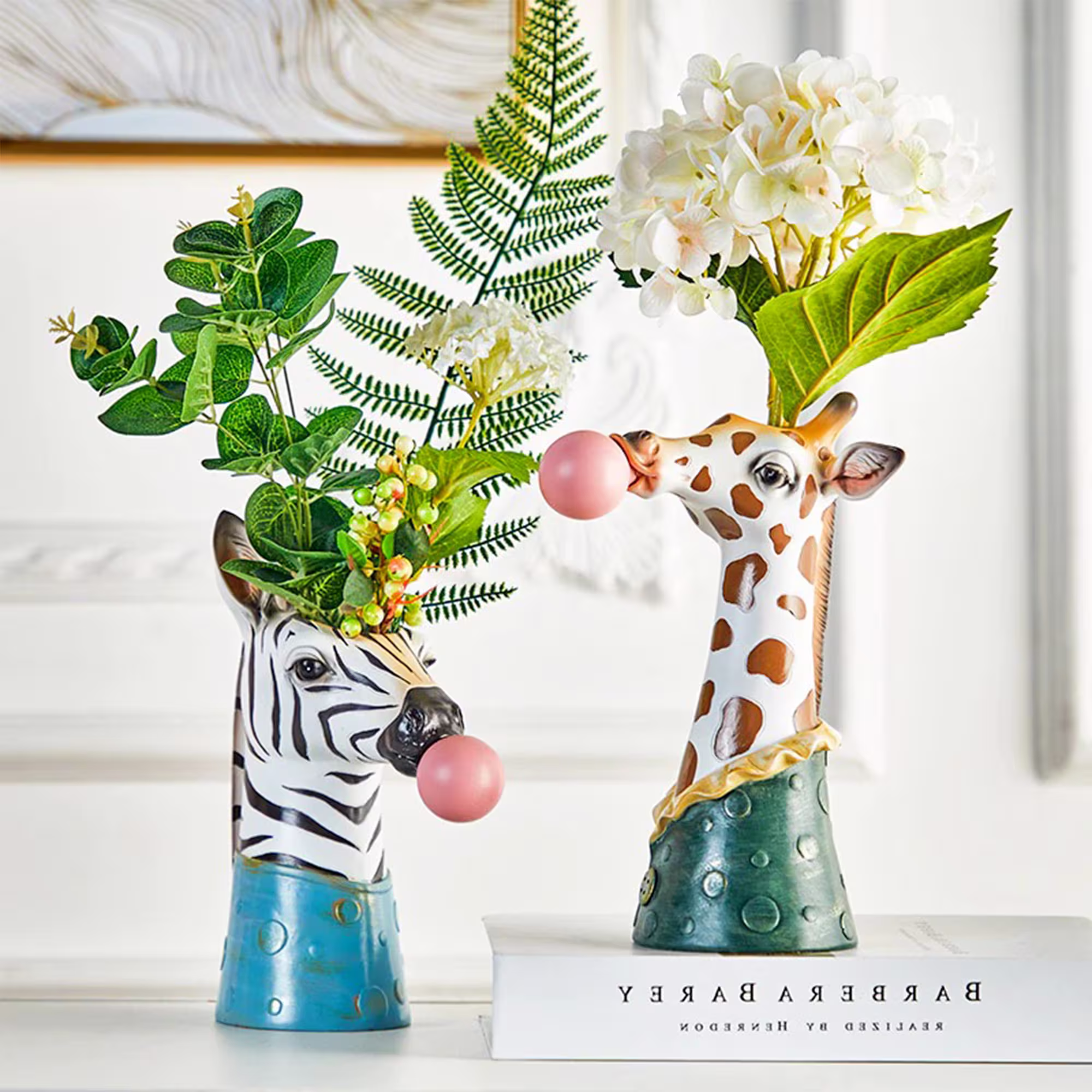 Animals Blowing Bubble Gum Head Vases, Panda Dried Flowers Animal Vase, Giraffe Artificial Polar Bear Planter