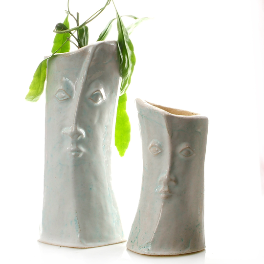 Set Of 2 Face Planters in A Modern & Contemporary Design White Finish Hand Made Ceramic Plant Pots