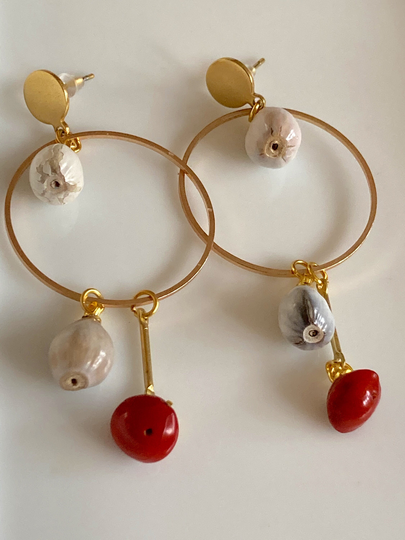 Lucky Red Mutual Love Bean Seeds & Shiny Grey Job's Tears Gold Dangle Drop Brass Hoop Earrings. Ancient Rosary Beads, Timeless & Lucky
