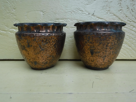 2 Small Vintage Copper Planters, Plant Pot Holders, Hammered Finish