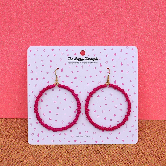 Magenta Seed Bead Hoop Earrings By The Fuzzy Pineapple Dangle Drop Bohemian Bright Dark Pink Boho Glass Beaded