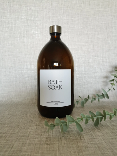 White Label 1 Litre Amber Glass Bottle | Reusable Refillable Bath Soak Salts Bubble Kitchen Bathroom