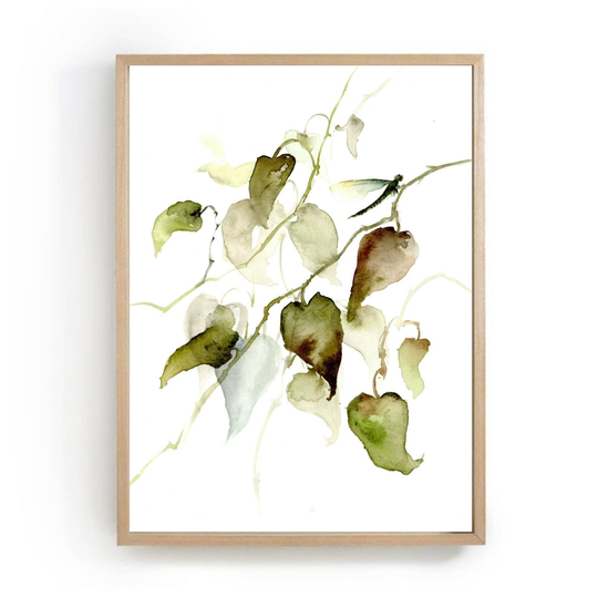 Dragonfly Wall Decor, Watercolor Herbs, Green Leaves Print, Art Dragon Fly Poster, Deep Painting