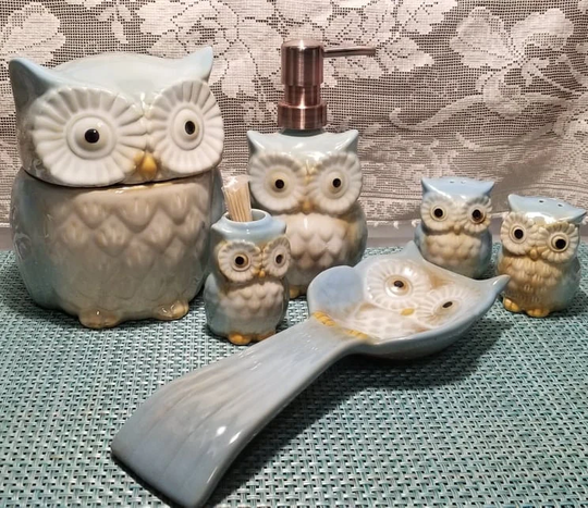 Owl Shaped Canister, Soap/Lotion Dispenser, Spoon Rest, Salt & Pepper Set, Toothpick Holder