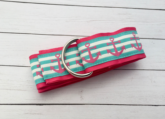 Women's Pink, Blue, & White Anchor Ribbon Belt, Striped Nautical Belt For Her, All Season Gold Or Silver Hardware