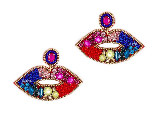 Lip Earring, Seed Bead Embellished Rhinestone Rock N Roll 80's Gift For Her