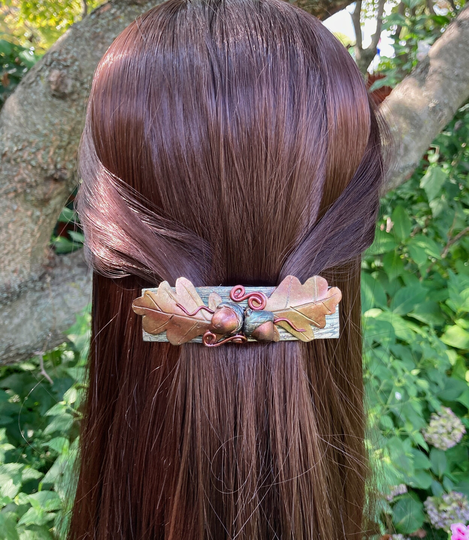 Fall Hair Clip, Handmade Polymer Clay Barrettes For Women, Acorn & Oak Leaf Pin, Autumn Season Nature Lover Gift