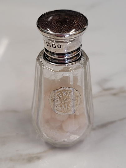 Vintage London Silver 1935 & Brown Enamel Lid Small Smelling Salts Perfume Bottle
