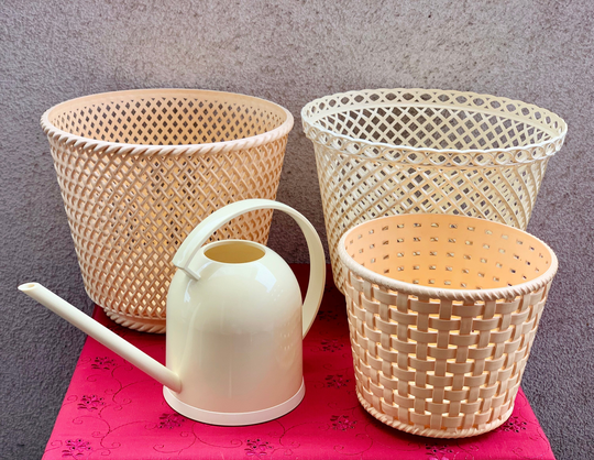 Vintage Emsa Watering Can Cut-Out Indoor Planter Set Of 4, Cream Plastic With Cut Out Design Large Cover Plant Pot, West Germany