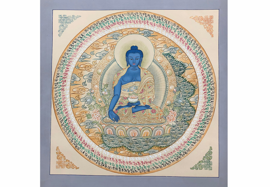 Master Quality Blessed 24K Gold Medicine Buddha Mandala, Handmade Sacred Thangka Painting For Meditation , Tibetan Wall Decoration
