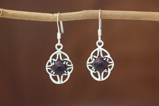 Celtic Knot Earrings - Four Seasons With Red Garnet- Hallmarked 925 Sterling Silver, Edinburgh, Scotland