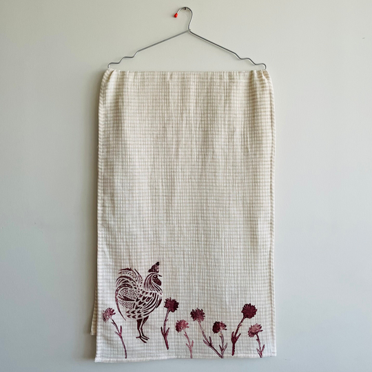 Hand Block Printed Table Runner in A Burgundy Rooster Design
