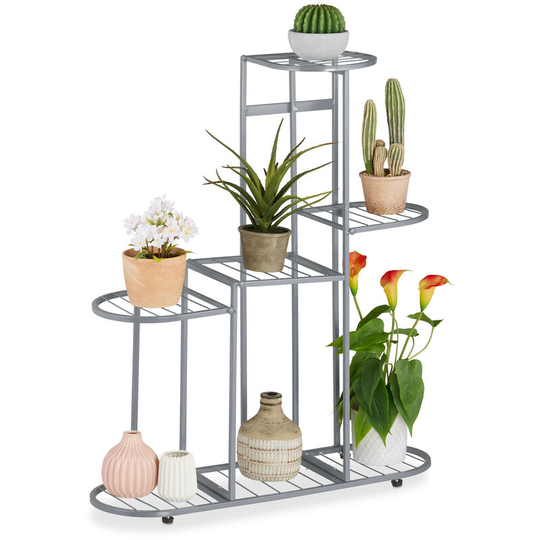 Relaxdays Plant Stand Metal, for 7 Potted Plants, Flower Rack Indoor, Outdoor, HxWxD 82 x 70.5 x 23 cm, Tiered, Silver