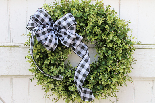 Buffalo Plaid Farmhouse Boxwood Wreath, Outdoor Front Door Year Round All Season Wreath With Black & White Checked Bow