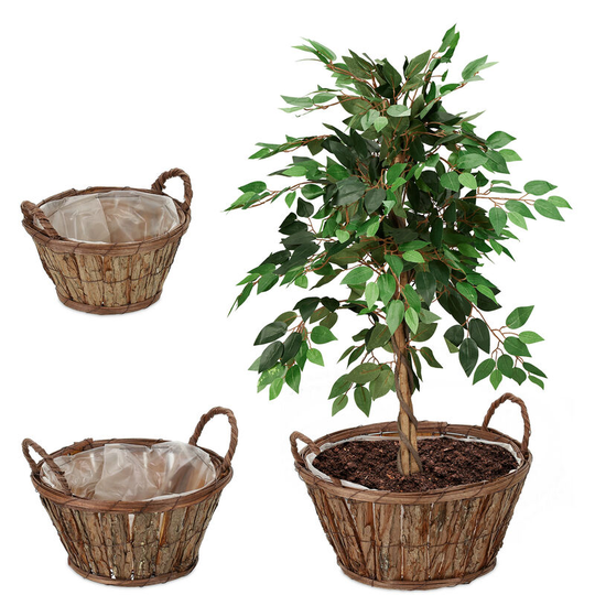 Relaxdays - Flowerpot Set of 3, with Bark, for Flowers & Herbs, Plant Basket with Foil, 3 Sizes, Wooden Planter, Natural