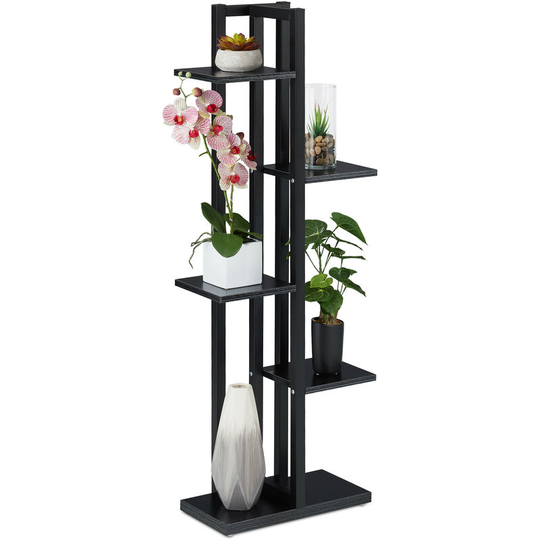 Relaxdays - Metal Flower Stand, 5-Tier Indoor Pot Shelf Ladder, Wooden Look, HxWxD: 117 x 43 x 22 cm, Plant Rack, Black
