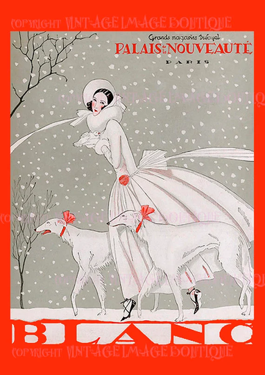 Antique 1920's Art Deco Winter Fashion Scene Of A Woman With Borzoi Hounds Christmas Season Solstice Holiday 5x7 Greeting Card