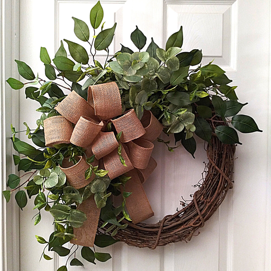 Simple Greenery Wreath For Front Door, All Season Wreath, Everyday Year Round, Burlap Rustic Farmhouse