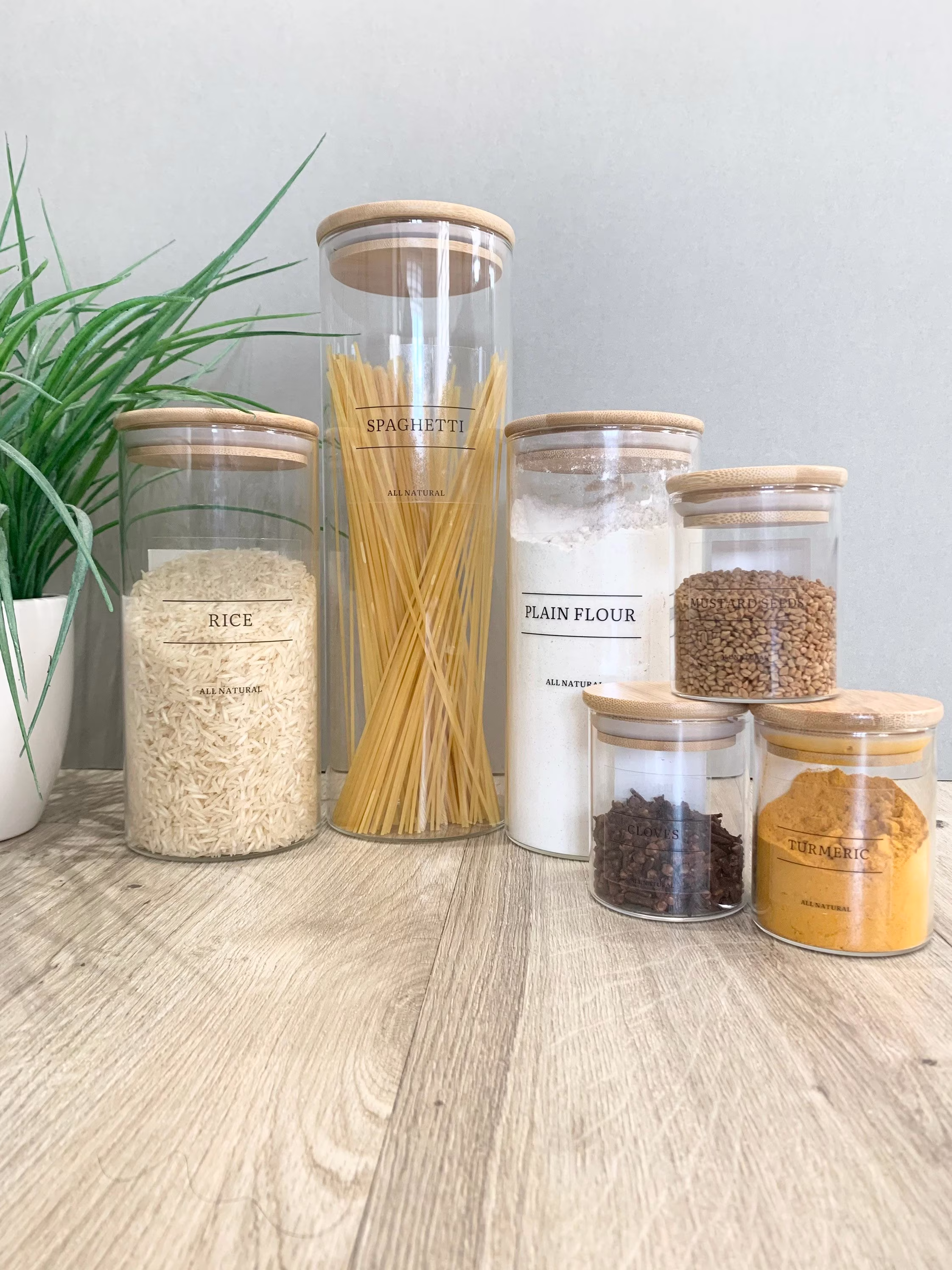 Bamboo Lid Glass Storage Jars Personalised Waterproof Clear White Label Kitchen Pantry Containers Herbs Spices Dried Food