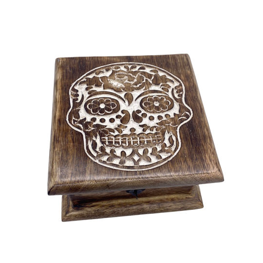 Wooden Skull Storage Box, Engraved Gothic Style Crystal Trinket Boxes, Hand Carved Jewelry Keepsake, Herb