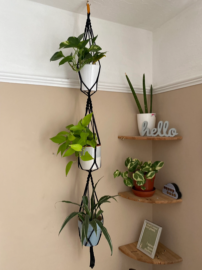 Black Triple Plant Hanger, Large Accessories, Boho Decor, Macrame Pot Holder, Planter, Multiple Plants Holder