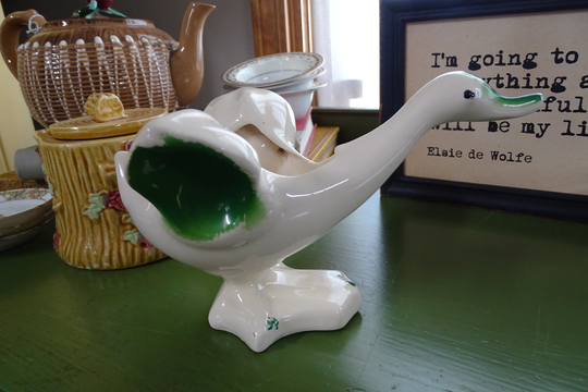 Vintage Ceramic Duck Planter, Mid-Century Modern Planter With Green Accents, Retro Whimsical Water Fowl