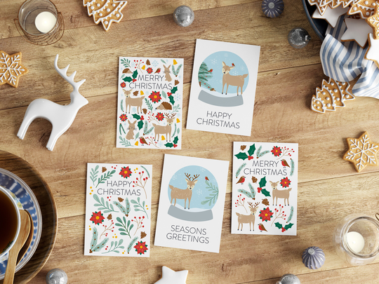 Festive Christmas Card Pack, Pack Of 5 Seasonal Greetings Cards, A6 Holiday Card Mulit