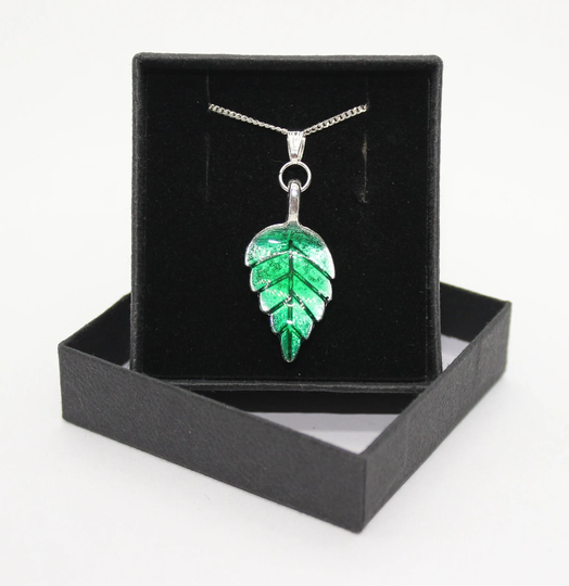 Enamel Green Leaf/Garden Plant Flower Nature - Sterling Silver Curb Chain Necklace With Tibetan Silver Enamel Pendant Charm