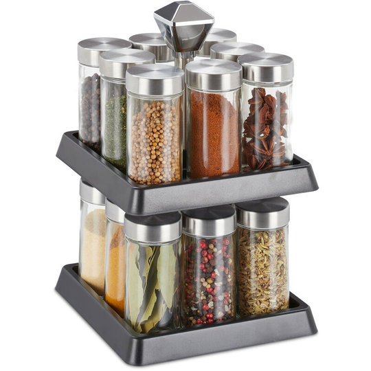 Spice Rack, 16 Glass Jars, Rotatable, Stainless Steel, h x w x d: 27 x 16.5 x 16.5 cm, Silver/Black - Relaxdays