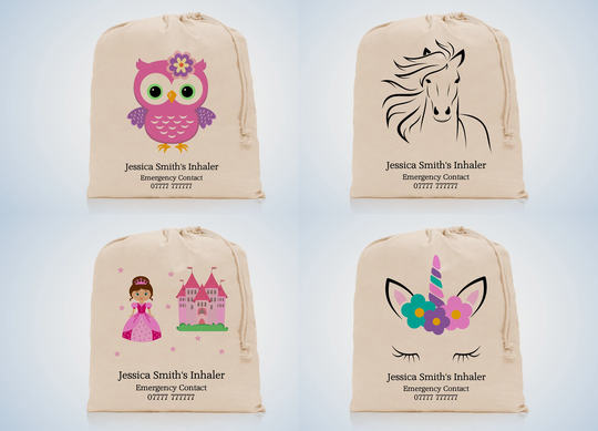 Personalised Inhaler Bag - Spacer- Medicine Unicorn, Owl, Princess, Horse