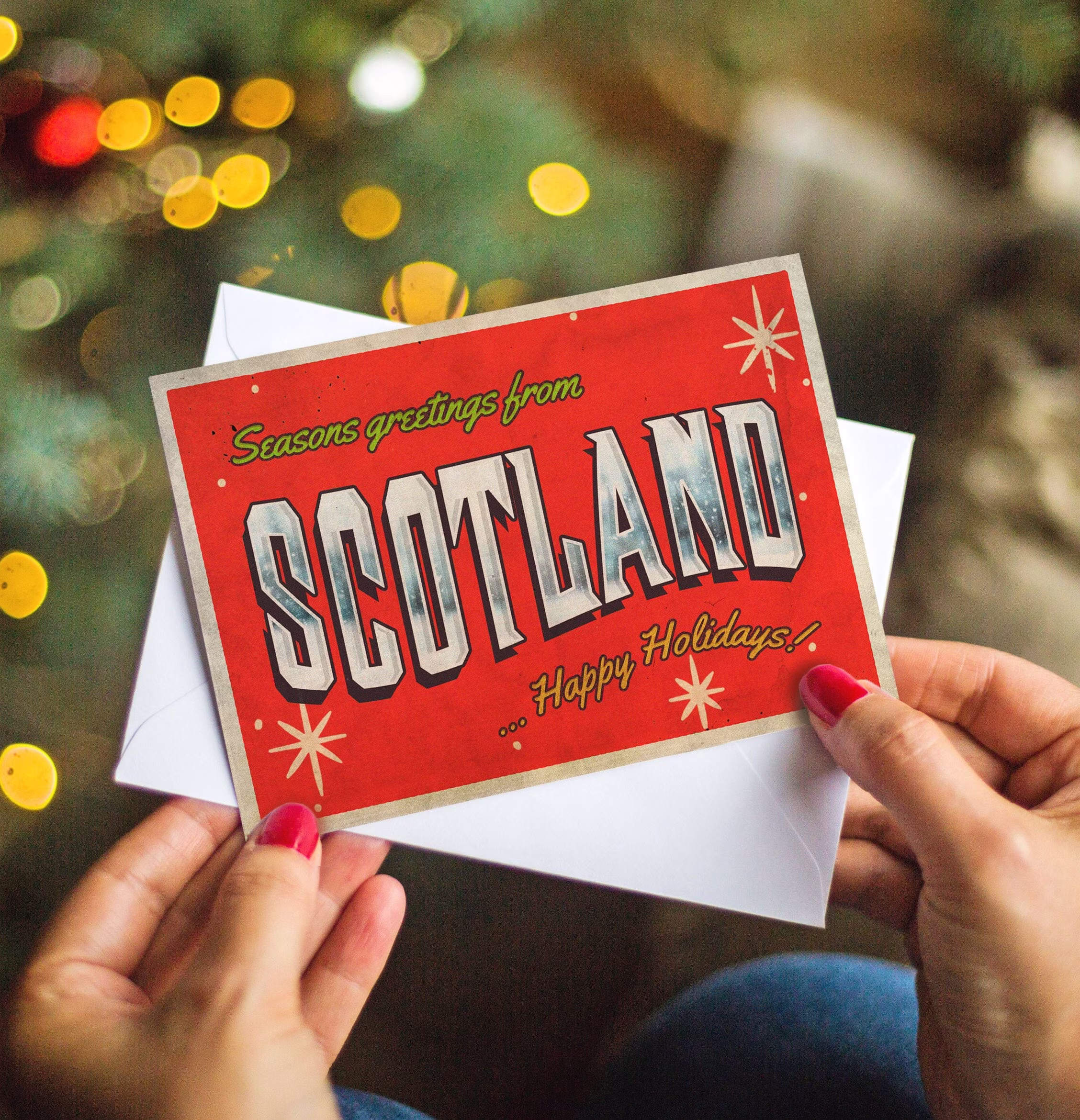 Seasons Greetings From Scotland Christmas Card, Retro Holiday Card Pack, Vintage Xmas Set
