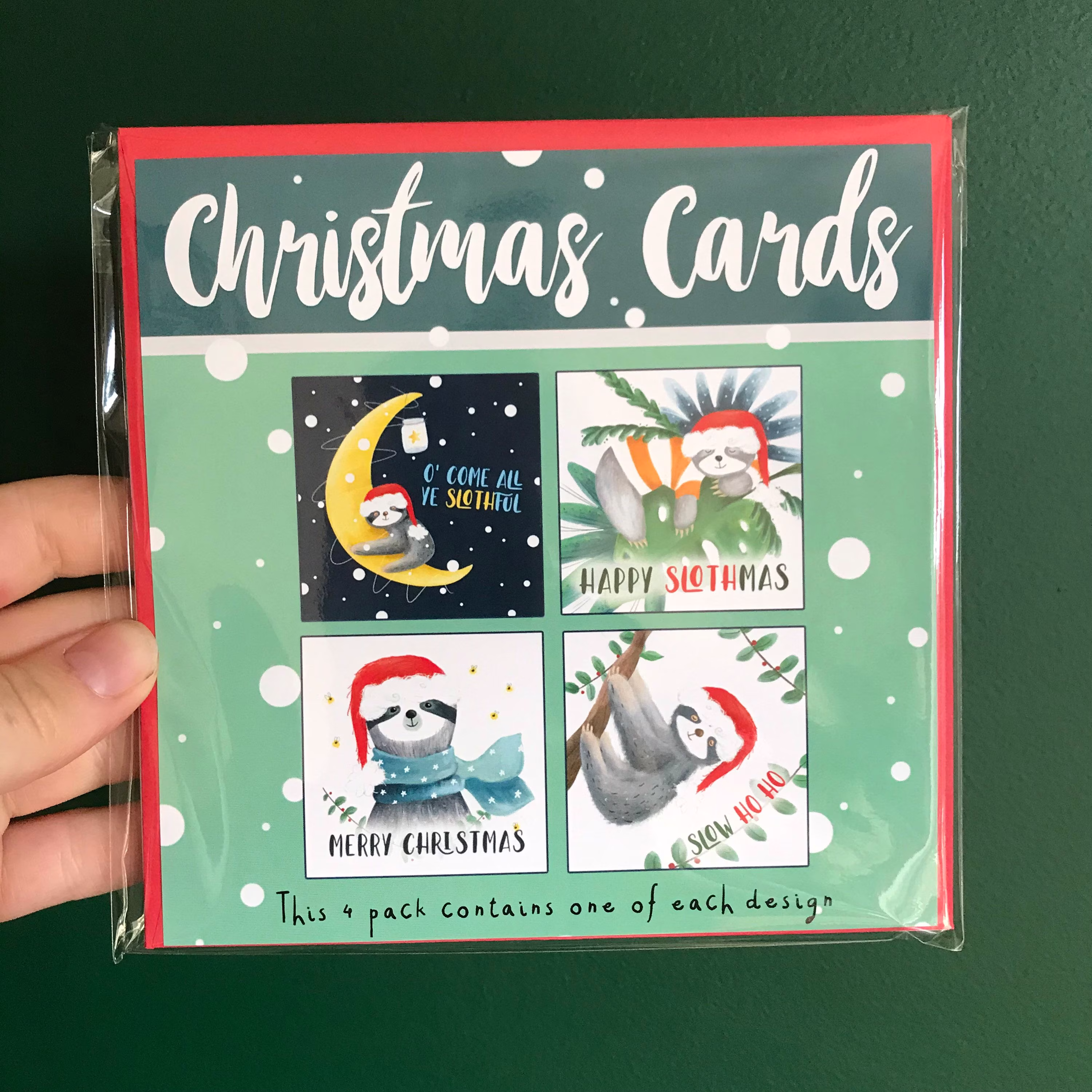Slow Sloth Pack 4 Christmas Cards Illustrated Teddy Catherine Redgate Card Xmas Pun Humour Funny Cute Winter Seasons Greetings Animal X-Mas
