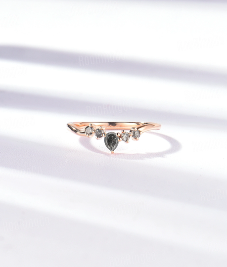 Salt & Pepper Diamond Pear Shaped Wedding Band Unique Solid Rose Gold Dainty Ring Stacking Matching Anniversary Bridal