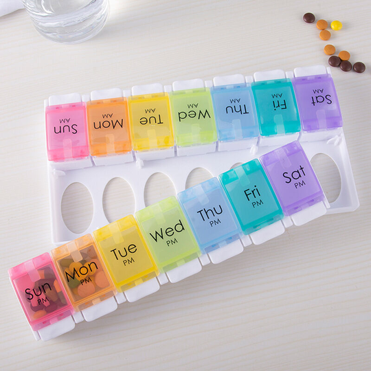 14 Day Medicine Pill Organizer, Portable Plastic Travel Weekly Pill Box 14 Large Compartments - 7 Color
