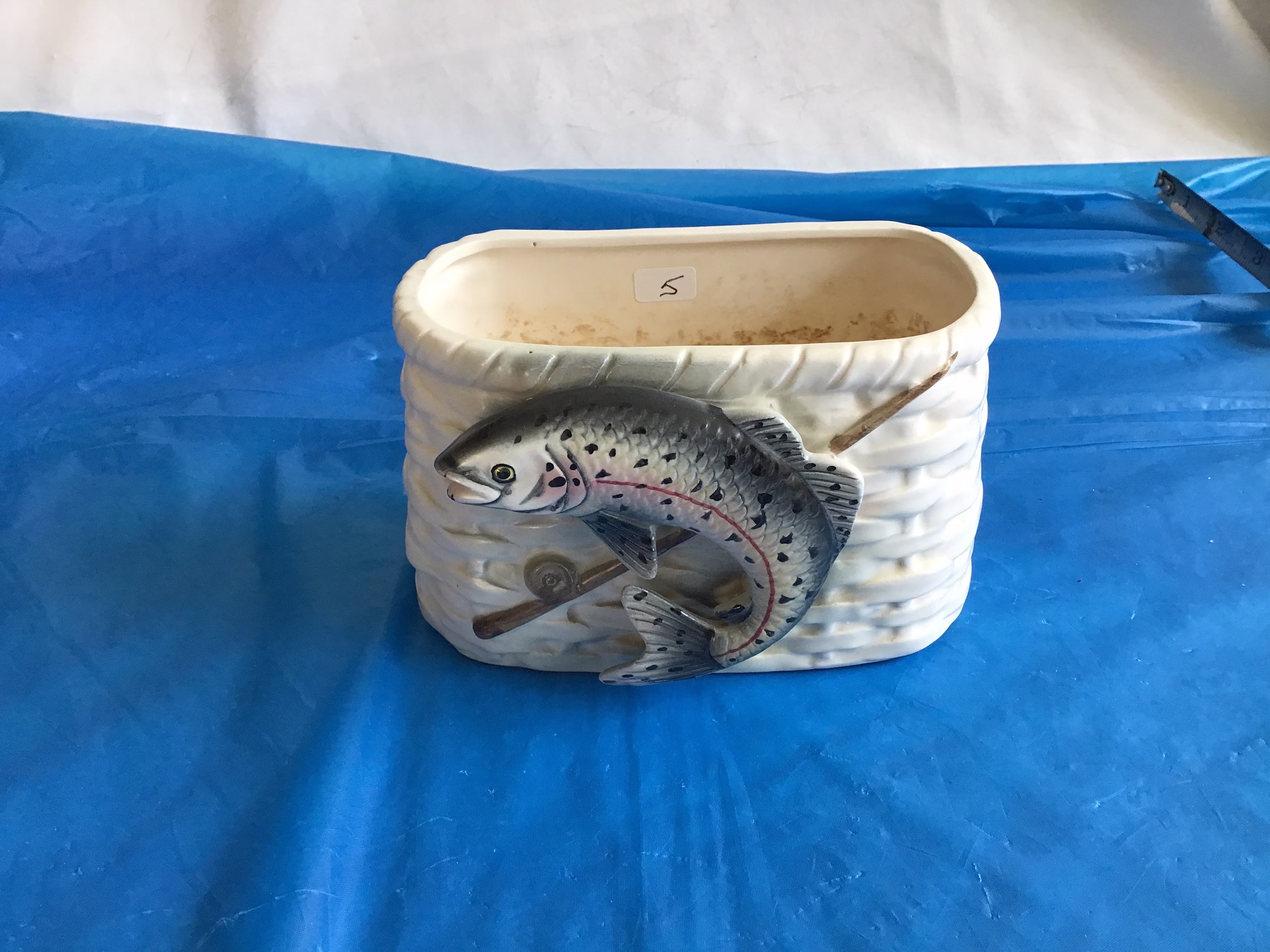 Ceramic Fish Planter No 5 - Appears As A Woven Wicker Tackle Basket With Rod & Reel + Approx Dimensions = 3.5"T X 5.75"L 3.25